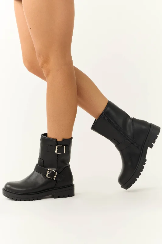 Black Double Buckle Short Boot