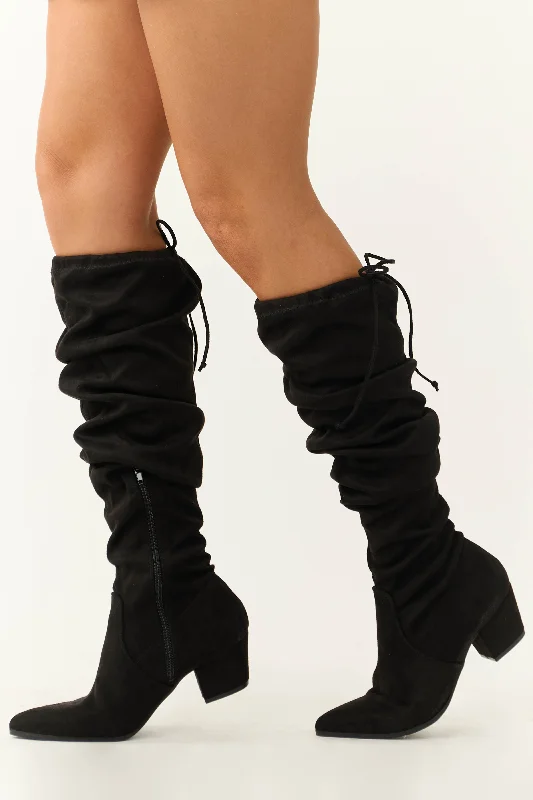 Black Faux Suede Drawstring Thigh High Boots