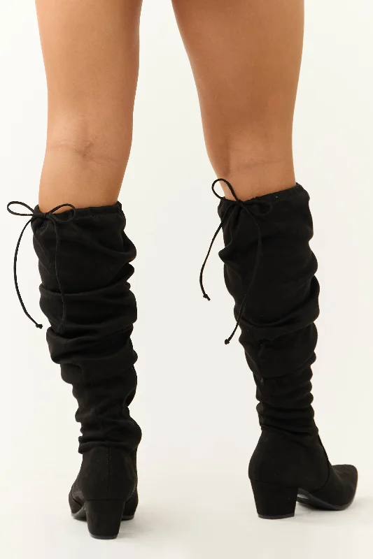 Black Faux Suede Drawstring Thigh High Boots