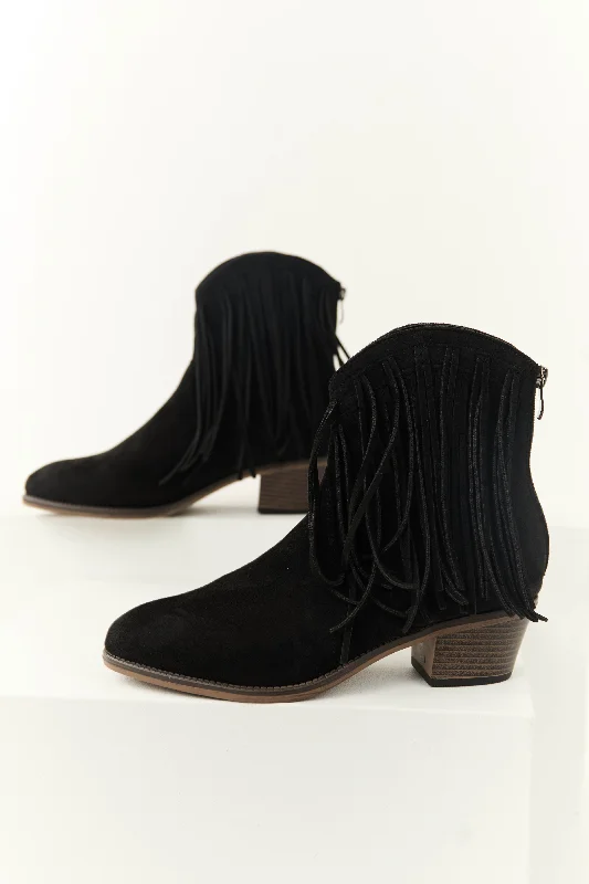 Black Faux Suede Fringe Heeled Booties