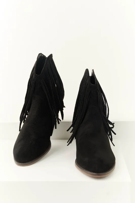 Black Faux Suede Fringe Heeled Booties