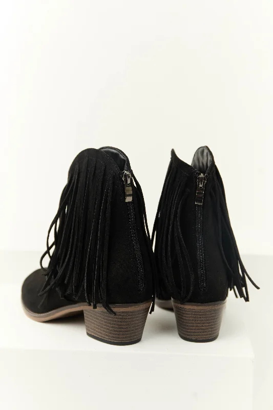 Black Faux Suede Fringe Heeled Booties