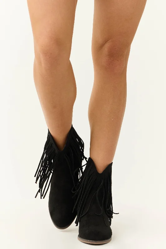 Black Faux Suede Fringe Heeled Booties