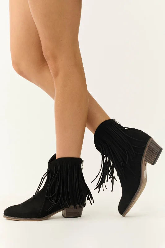 Black Faux Suede Fringe Heeled Booties