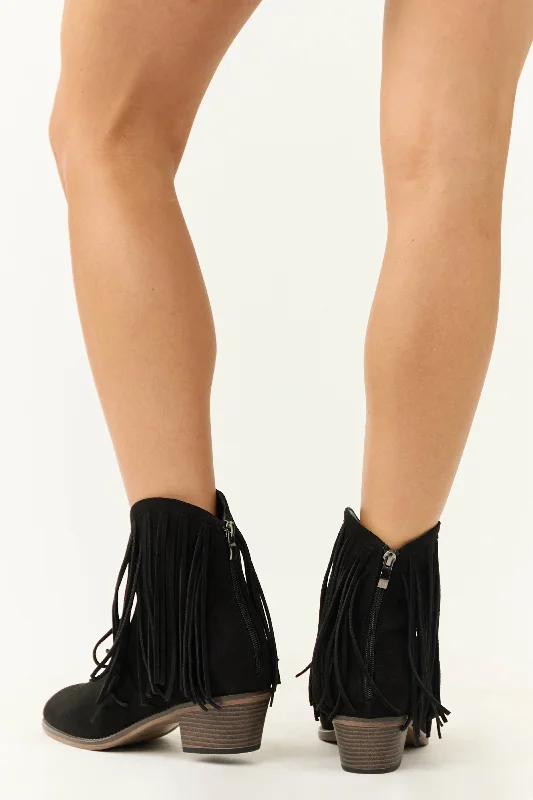 Black Faux Suede Fringe Heeled Booties