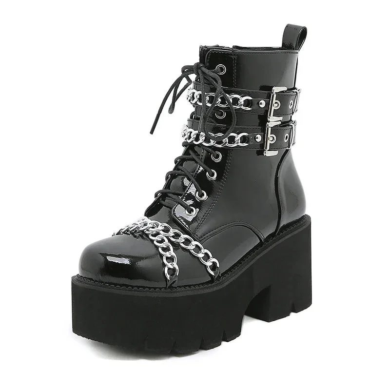 BLACK PLATFORM BOOTS WITH CHAIN AND METAL STRAPS IN PUNK STYLE