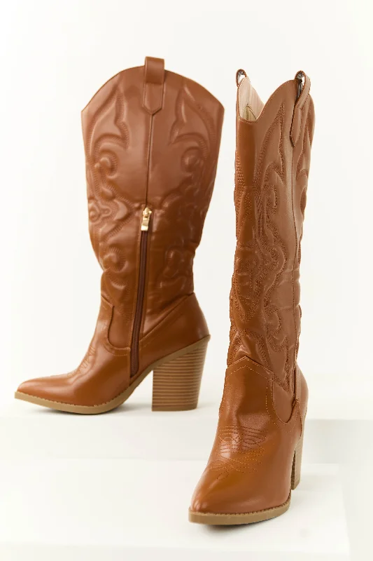 Cognac Faux Leather Embroidered Western Boots