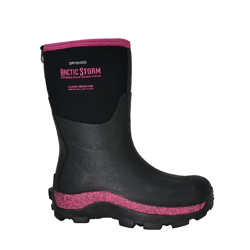 Dryshod Womens Arctic Storm Mid Black/Pink Neoprene Extreme-Cold Snow Boots