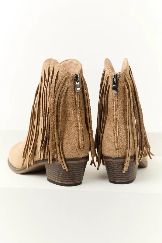 Latte Faux Suede Fringe Heeled Booties