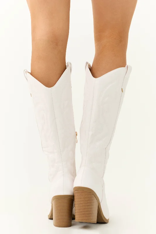 Pearl White Faux Leather Embroidered Western Boots