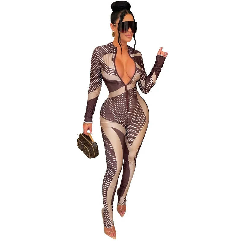 C1102TA85 High Quality Casual Long Sleeve Print Zipper Bodycon One Piece Jumpsuit Women Sehe Fashion