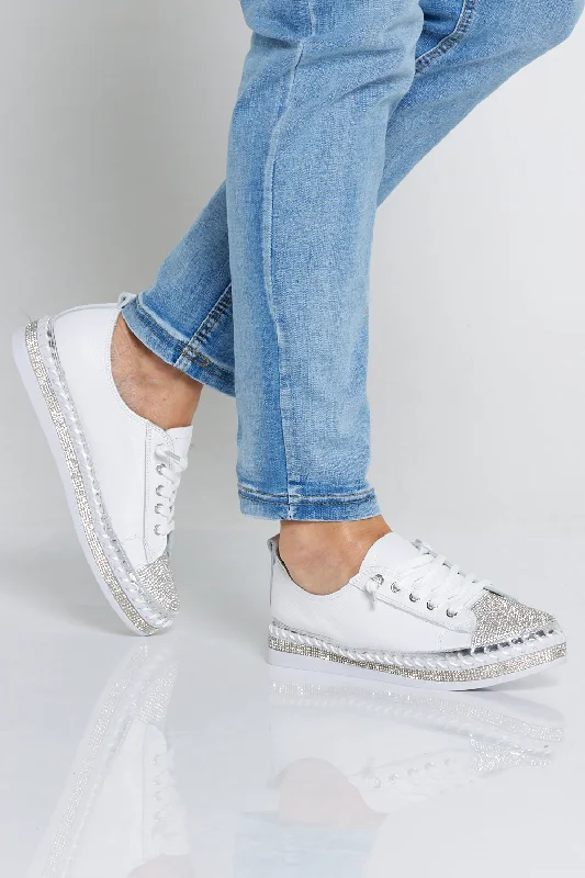 Sia Sparkle Leather Sneakers - White/Diamanté