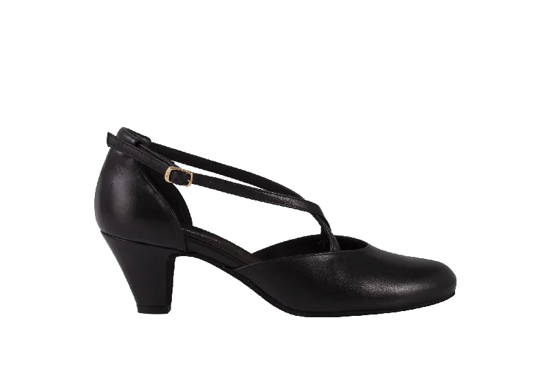 Dance Naturals 725 Cuccarini Black Leather Round Toe Smooth Ballroom Shoe with Criss-Cross Strap