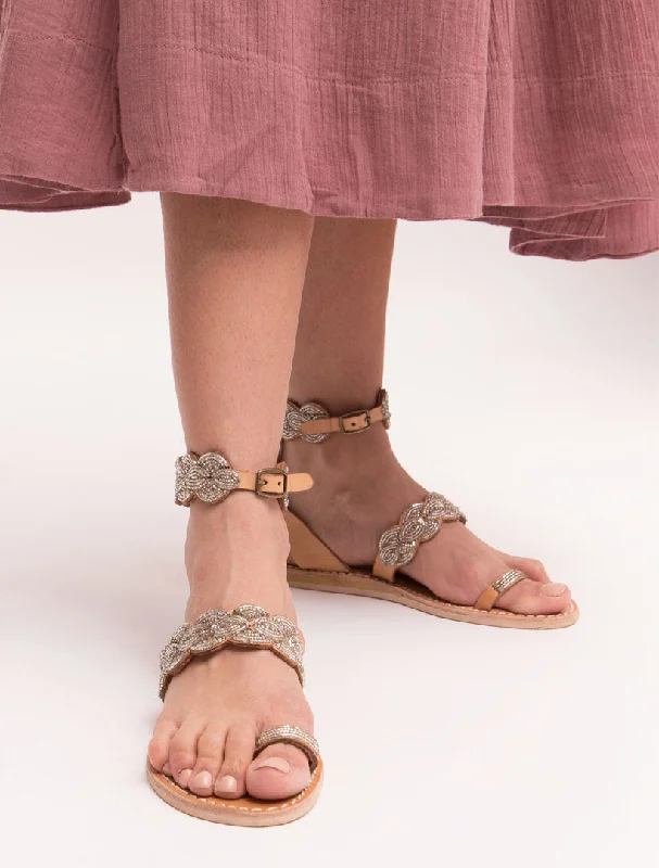 Rumi Flat Ankle Strap Leather Sandal Silver