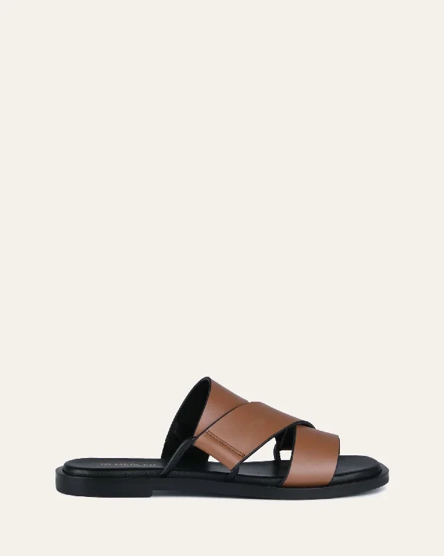 SHELBY FLAT SLIDES DARK TAN LEATHER