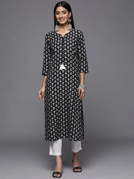 Varanga Women Black Printed Kurta With Hand Work Detailings.