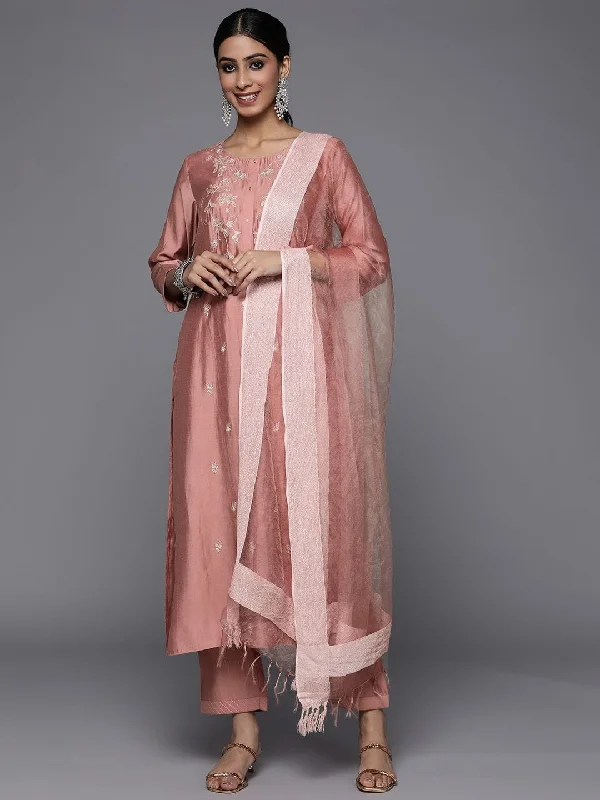 Varanga pink embroidered kurta paired straight tonal bottom and dupatta