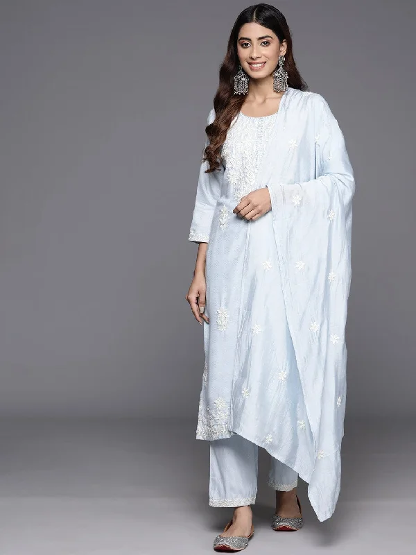 Varanga Women Blue Thread Embroidered Kurta With Bottom And Dupatta