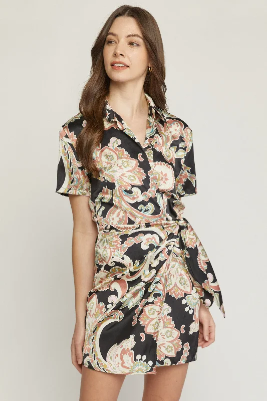 Entro Satin Paisley Short Faux Wrap Dress In Black